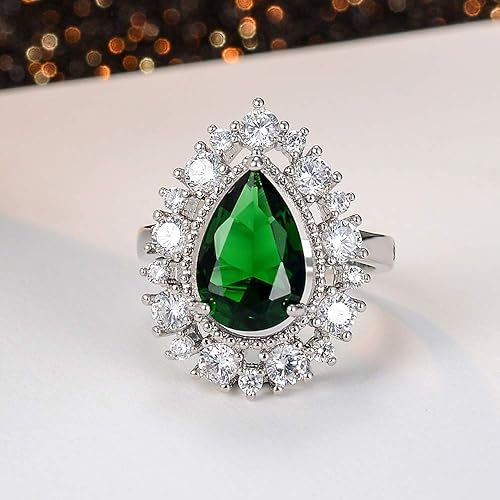 Miniatura 5 de Anillo de cóctel de circonita cúbica de corte esmeralda verde en forma de pera para mujer, anillo de boda nupcial con halo de diamante de imitación