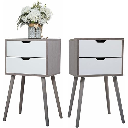 JAXPETY Nightstands Set of 2, Night Stand with Drawers, Bedside Tables with Solid Wood Legs and Large Storage Space, End Table, Side Table, for Bedroom, Light Grey