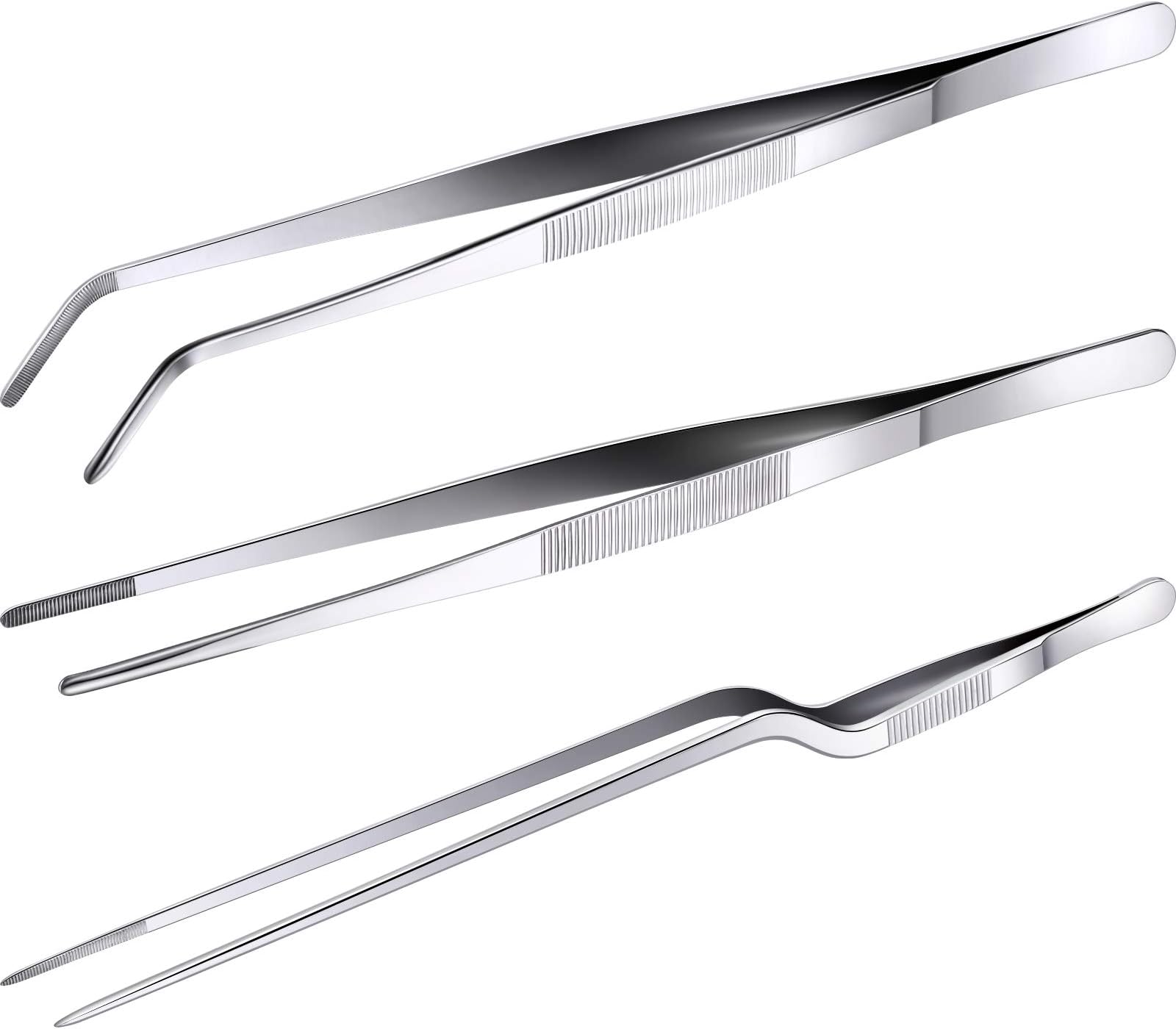 Honoson3 Pieces 12 Inch Stainless Steel Tweezers Straight and Curved Tip Tweezers Kitchen Cooking Food Home Serrated Forceps Garden Tool and Medical Long Tongs