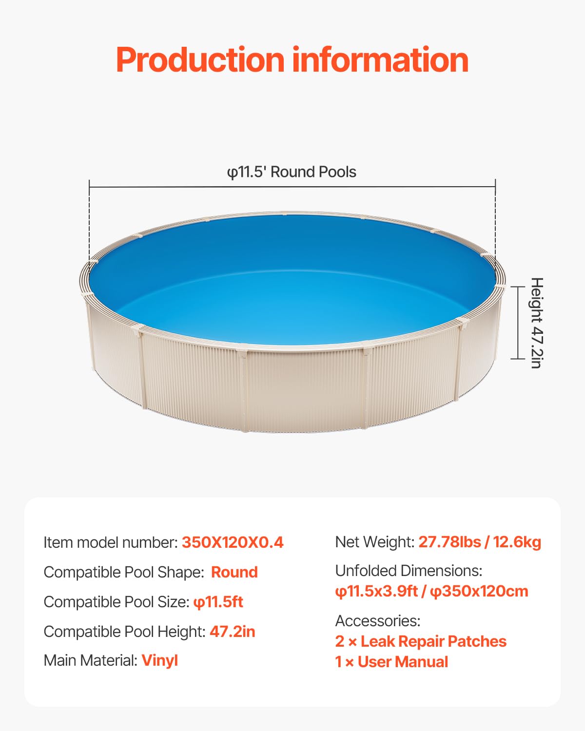 VEVOR Revestimiento para Piscina Redonda 350 cm Calibre Estándar Revestimiento de Vinilo para Piscina de Altura de Pared de 120 cm Revestimiento de Repuesto para Piscinas Elevadas, Color Sólido