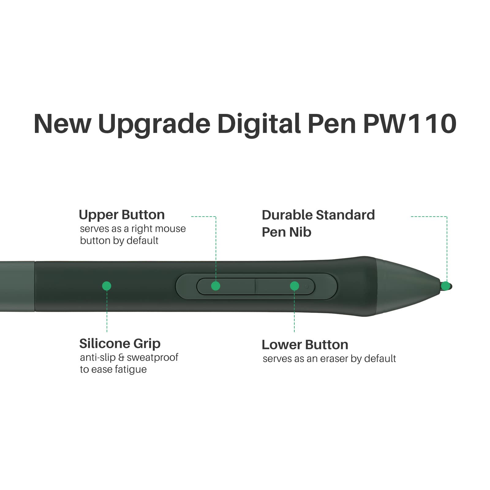 HUION PW110 PenTech 3.0 cyfrowy długopis bez baterii, przedłużony silikonowy uchwyt, 2 programowalne przyciski, 8192 poziomy czułości nacisku, do Inspiroy 2 S/M/L Tablet graficzny (zielony)