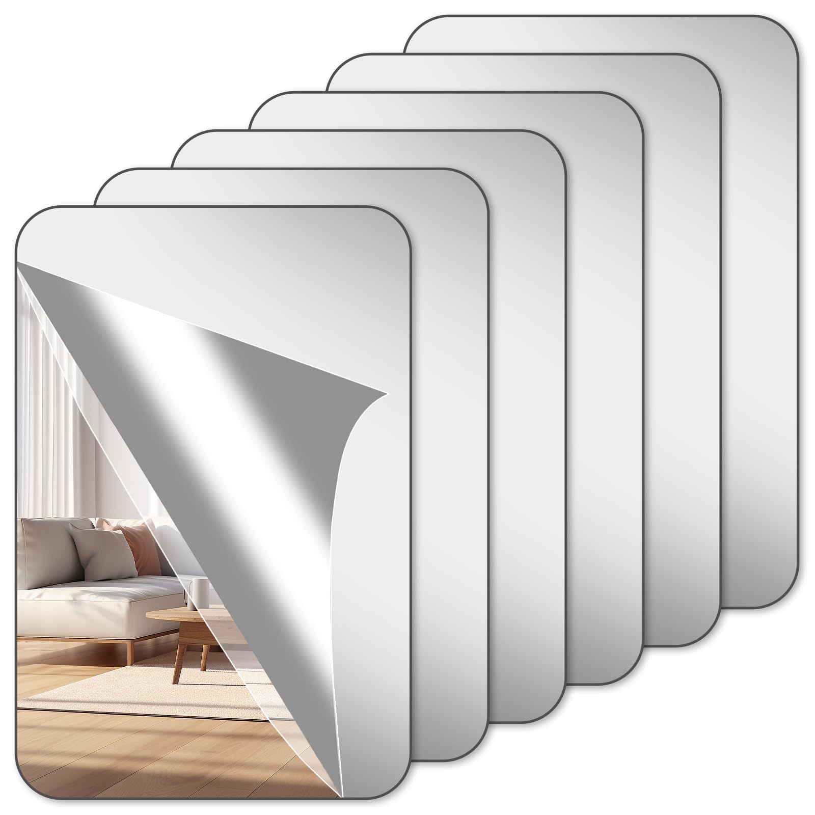 Heuiop Silver 6 Pcs Self Adhesive Mirror Tiles,30 X 20Cm Acrylic Mirrors Stickers For Walls,Flexible Frameless Tiles For Home Bathroom Bedroom Living Room Gym Hallway