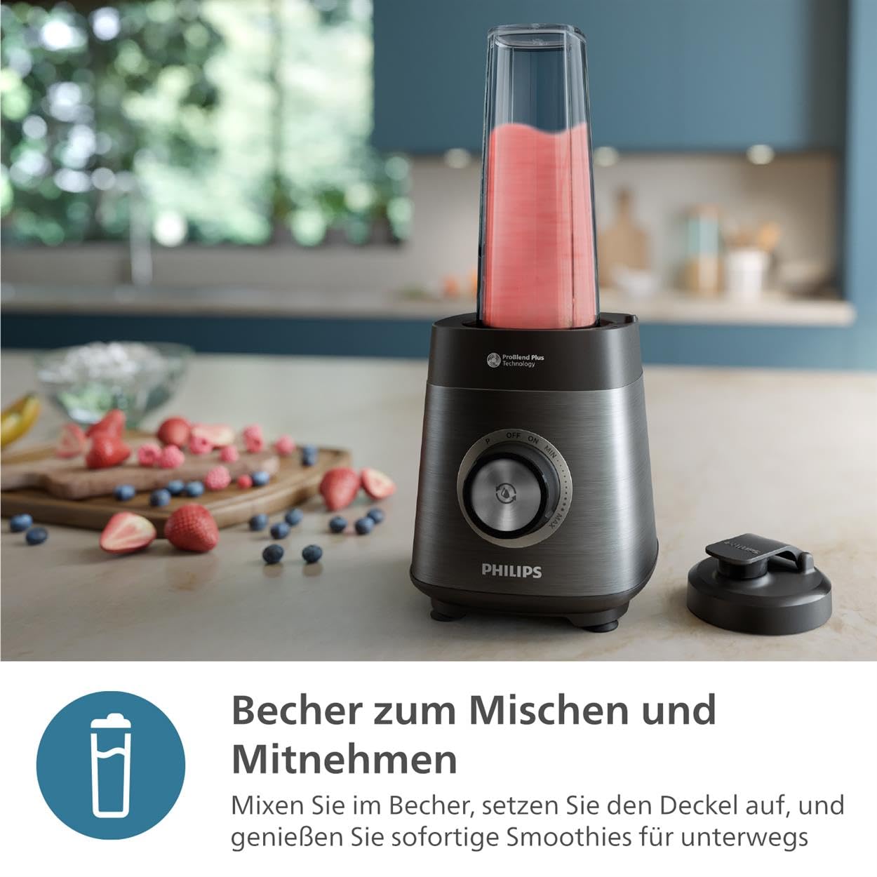 Philips 5000-Serie Standmixer inkl. Blend-and-go-Behälter - 1200 W. 2L maximales Fassungsvermögen. ProBlend Plus-Technologie. Spülmaschinengeeignet. Automatisierte Reinigung. Schwarz (HR3041/00)