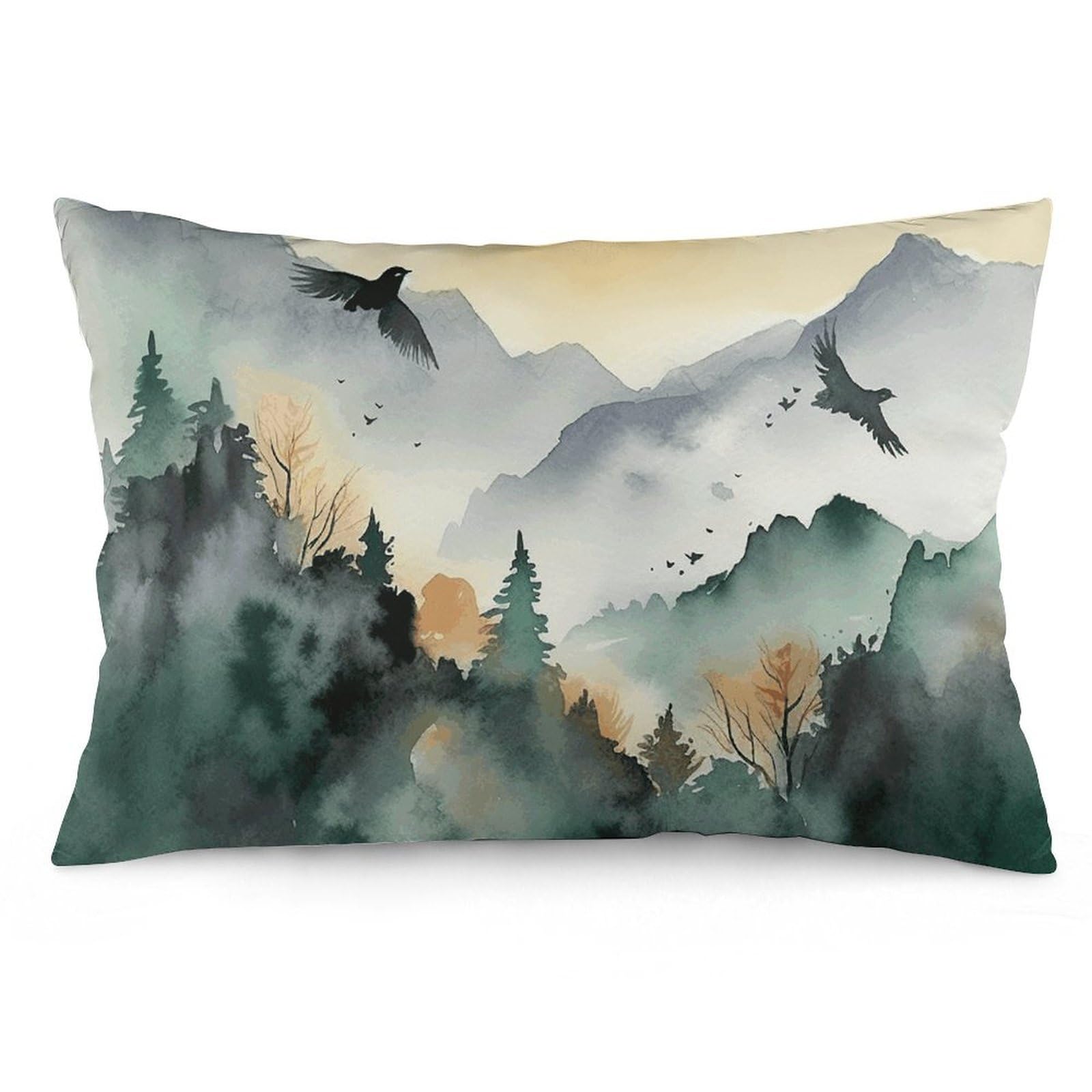 2 Pack Pillow Cases for Hair and Skin, Soft Breathable Pillow Case Covers with Hidden Zipper, Mountain Birds Watercolor Pillowcase 12 "x20 Pillow Covers for Sleeping Gift