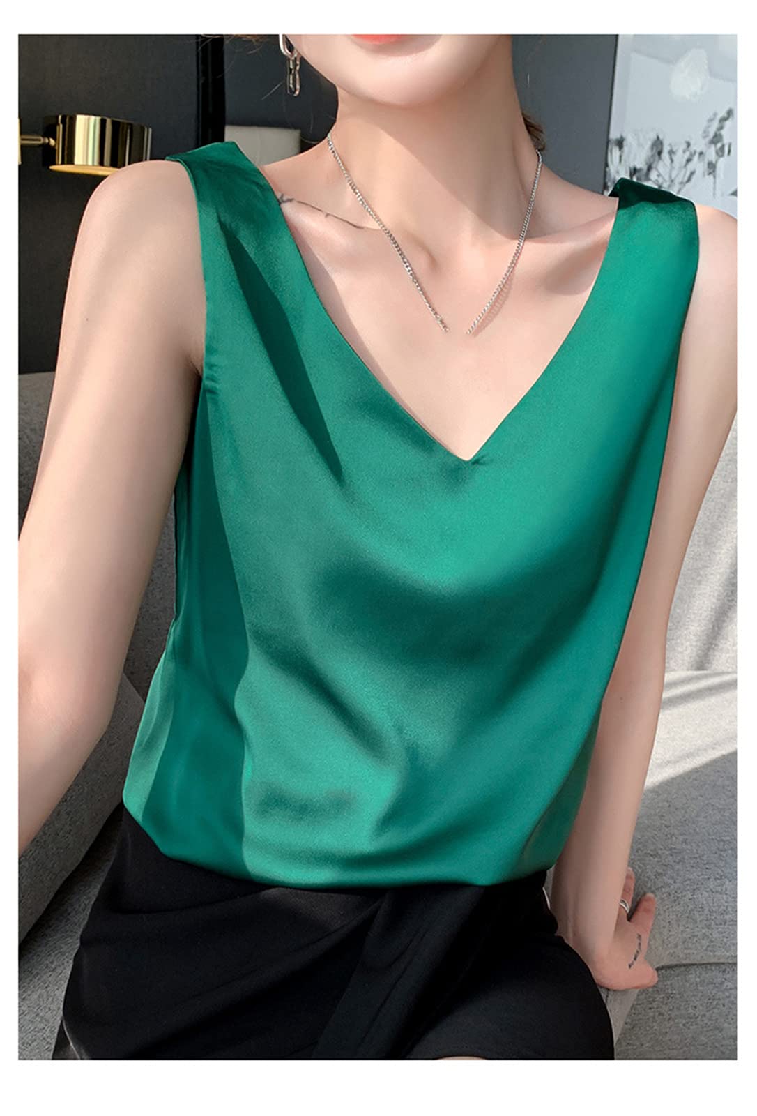 Camisola De Satén para Mujer, Camisola De Satén De Seda con Escote En V Profundo Sexy, Correa Ancha para El Hombro, Blusa Inferior Elegante Camiseta Sin Mangas De Verano Camiseta Sin Mangas,Avocado