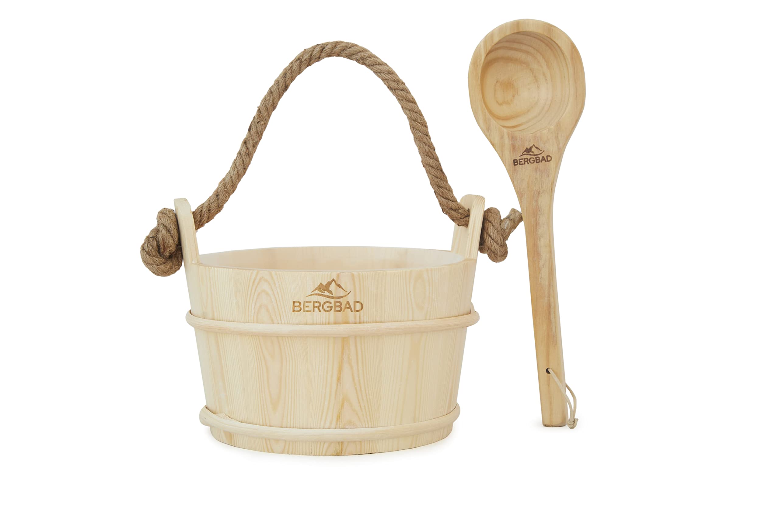 Seau de sauna avec louche de 3,5 l - Seau de sauna en bois naturel - Accessoire de sauna de qualité supérieure avec insert en plastique et corde de chanvre