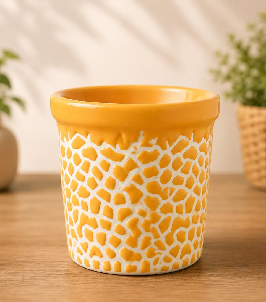Hand-Glazed Ceramic Giraffe Pattern Planter, 6-Inch, Yellow and White, Textured Flower Pot for Indoor Succulents, Home Decor, Office Desk, Shelf Styling-image-2
