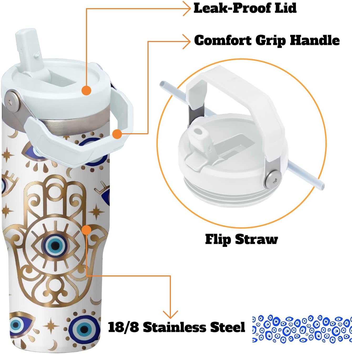30oz Evil Eye Tumbler with Handle and Flip Straw, Evil Eyes Hand Stainless Steel Insulated Cup, Travel Coffee Mug Water Bottle, Birthday Gifts for Women Men - Image 3