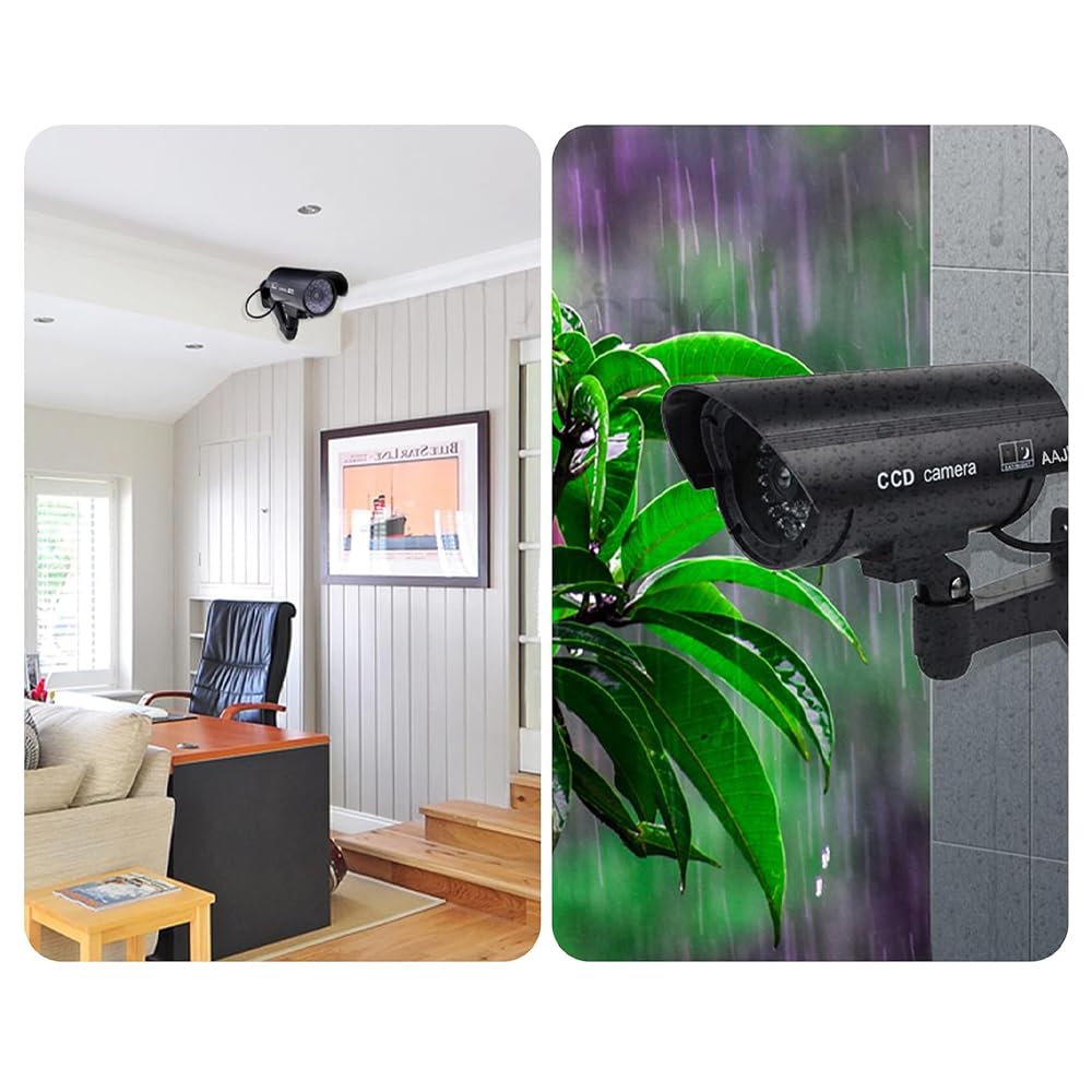 2 cámaras de simulación a prueba de agua con forma de bala, color negro, cámara de seguridad de simulación con luz LED roja intermitente para vigilancia al aire libre (negra)