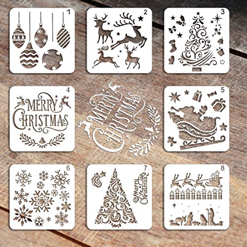 KOMIWOO Christmas Stencils Templates - 8 Pack Merry Chrismas, Stanta Claus, Snowflakes, Balls, Trees, Reindeers, Gift Boxes for Xmas Holiday Craft Party Decorations 5