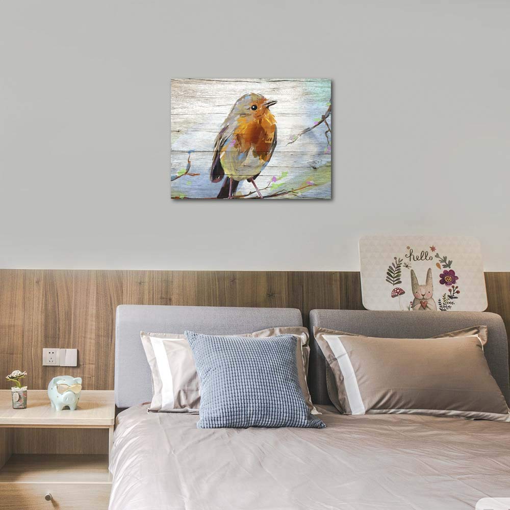 The Melody art Watercolor Bird on Wooden Texture Background Canvas Wall Art Kitchen Accessories Wall Decorations for Living Room 12x16 in 1 PCS Stretched and Framed 1