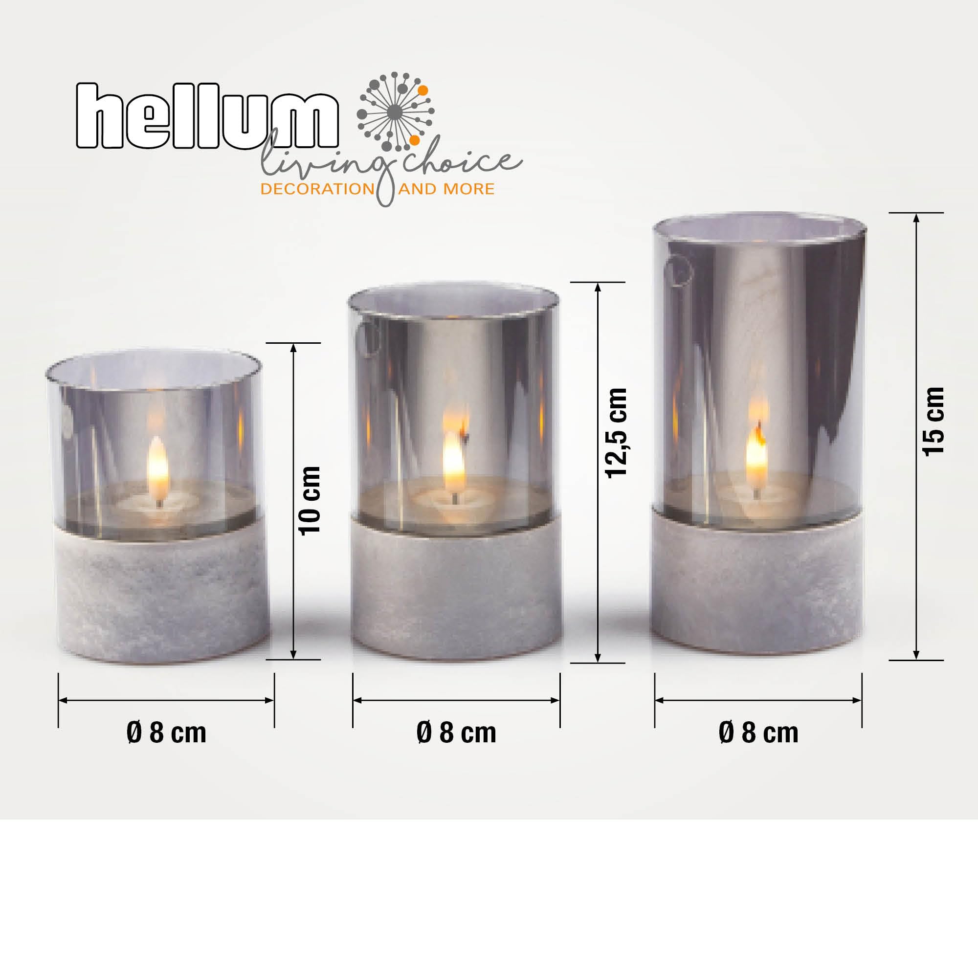 hellum LED Kerzen mit Timerfunktion, 3er Set LED Stumpenkerzen Outdoor, flackernde Flamme, Grau Ø 8 cm, Höhen 10/12,5/15 cm, 6h-Timer, batteriebetrieben (6x AA, nicht inkl.) 151992