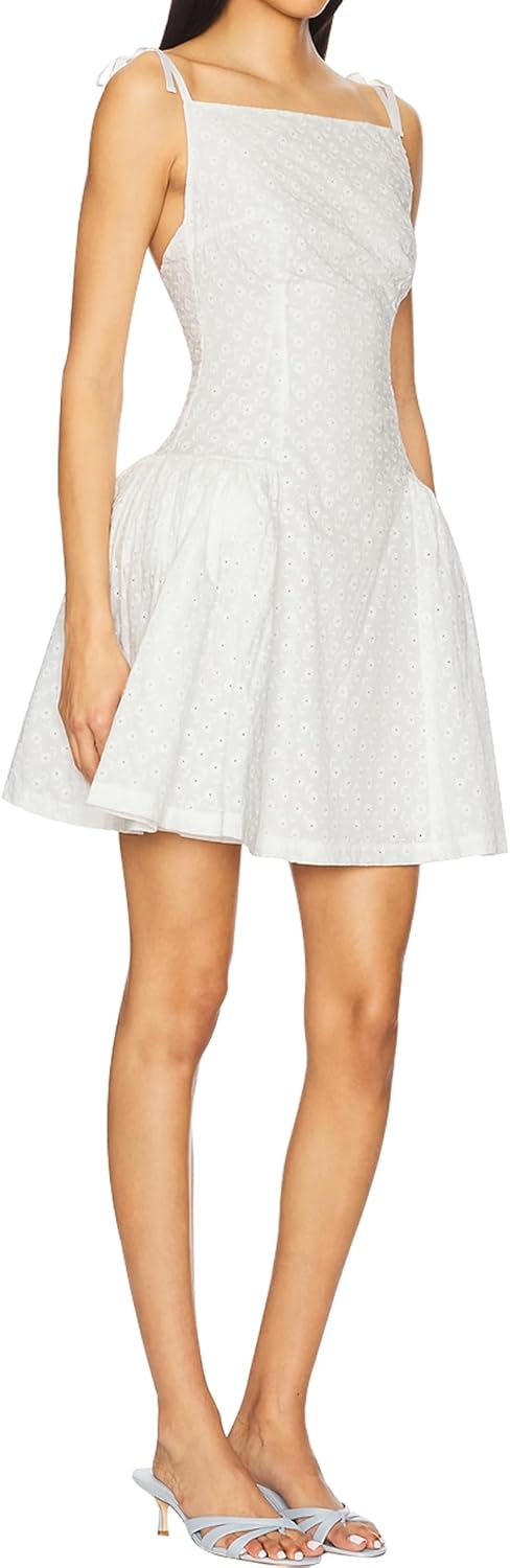 SHESEEWORLD Women's Summer Square Neck Floral Embroidered Tie Strap Dress Cute A-Line Eyelet Flared Mini Dress - Image 2