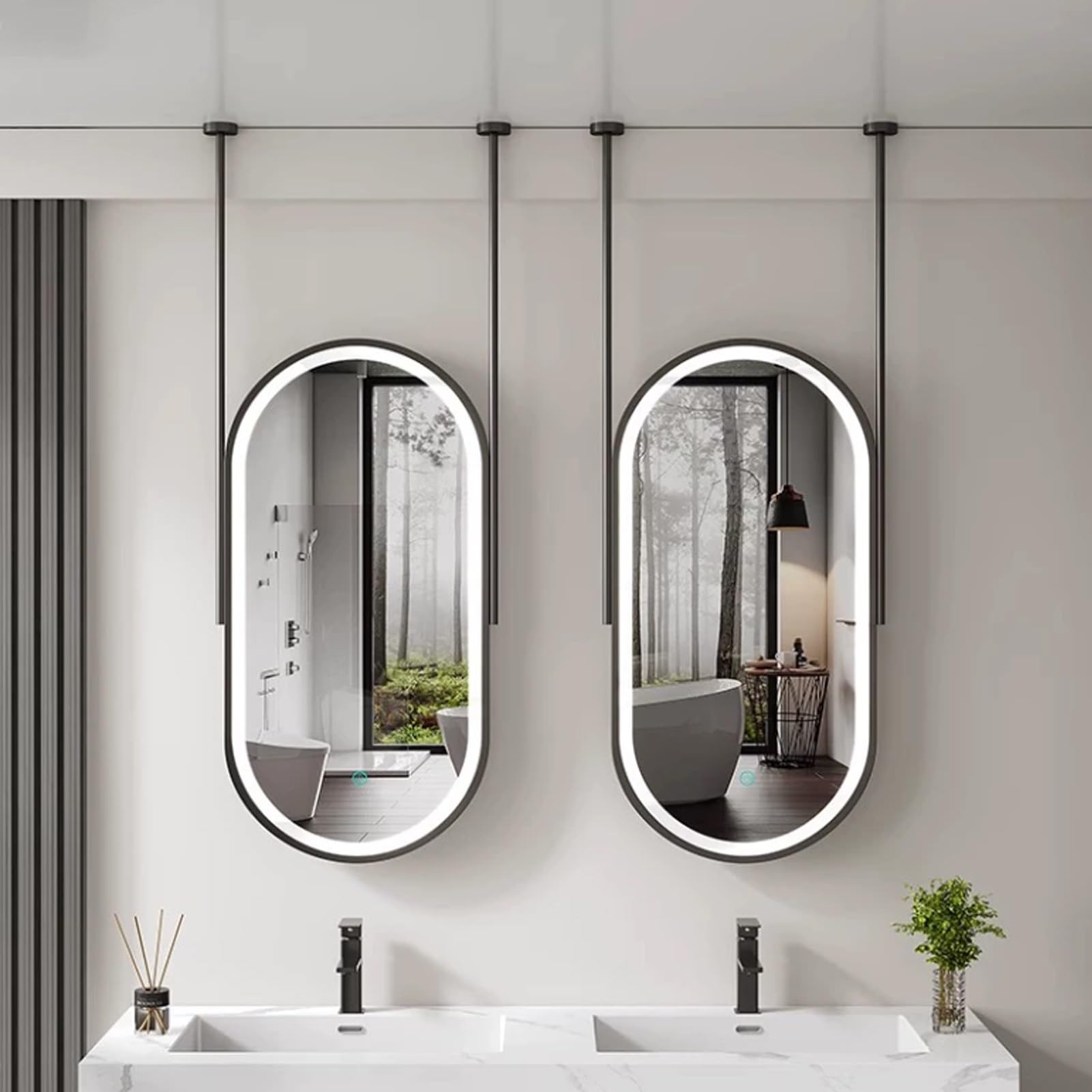 FGXHHS Metal Ceiling Mounted Mirrors with LED Light，Black Oval Suspended Shaving For Over Sink，Modern Home Decor HD Mirrors，3 Colors Dimmable Light(50cmx60cm)