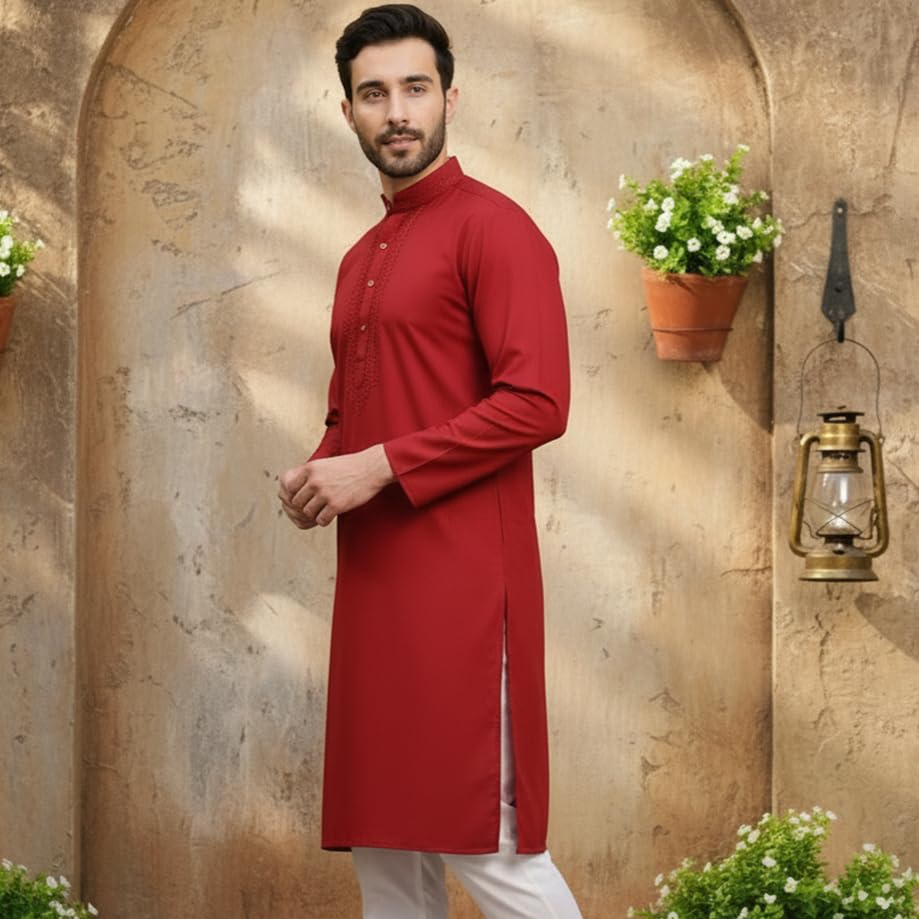 Image of Men's Cotton Blend Blend Knee Length Solid Color Style Stright Long Mandrin Collor Ethnic Casual Wear Kurta Only