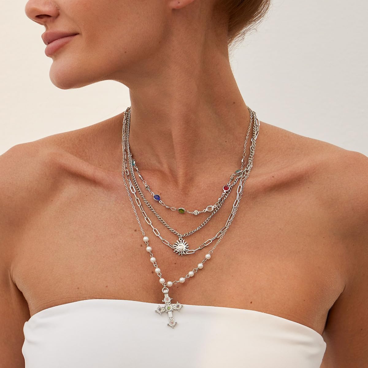 Silver Layered Cross Necklace Set For Women, 4Pcs Pearl Rosary Choker Chunky Christian Pendant Vintage Long Y Gold Necklace Stack Religious Statement Boho Gothic Adjustable Jewelry Gift