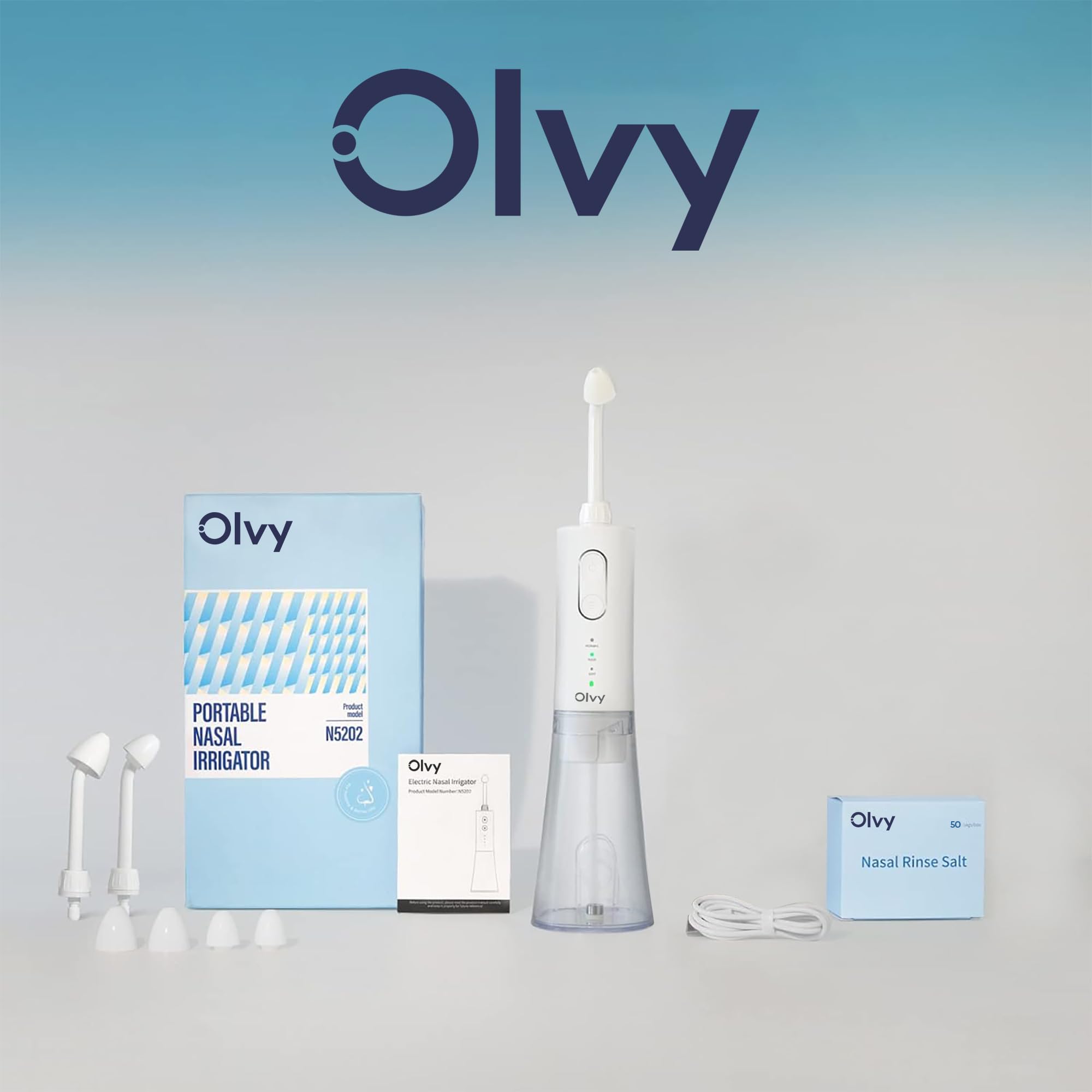 Olvy Elektrisch Nasendusche, Elektrischer Neti Pot, Nasales Bewässerungssystem, kabellose Nasenspülmaschine, elektrische Neti-Kanne mit 50 Salzpäckchen