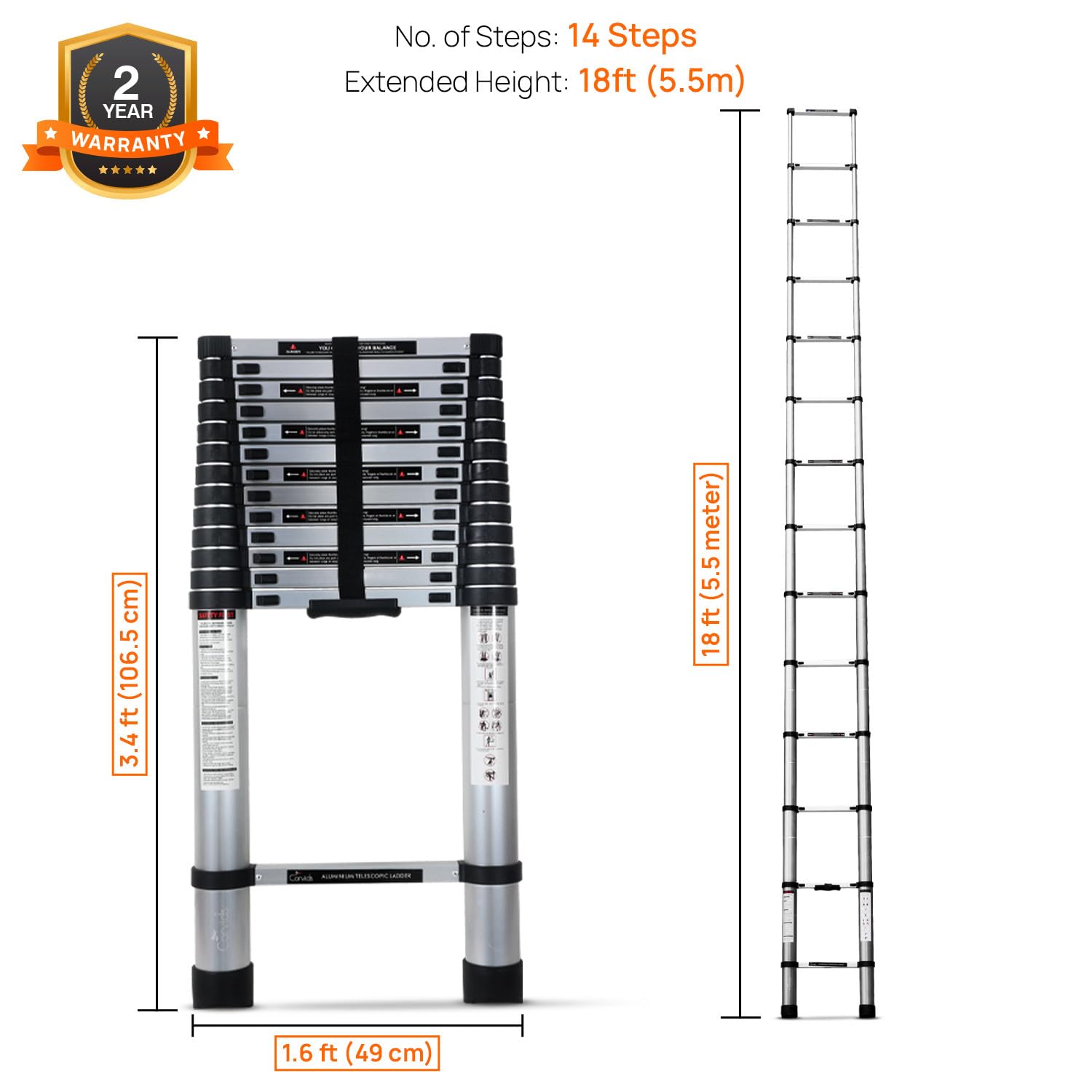 Corvids 5.5m (18. ft) Portable & Compact Aluminum Telescopic Ladder | 2-Year Warranty | EN131 Certified 14-Steps Foldable Multipurpose Step Ladder for Home & Outdoor use — Amazon image 4