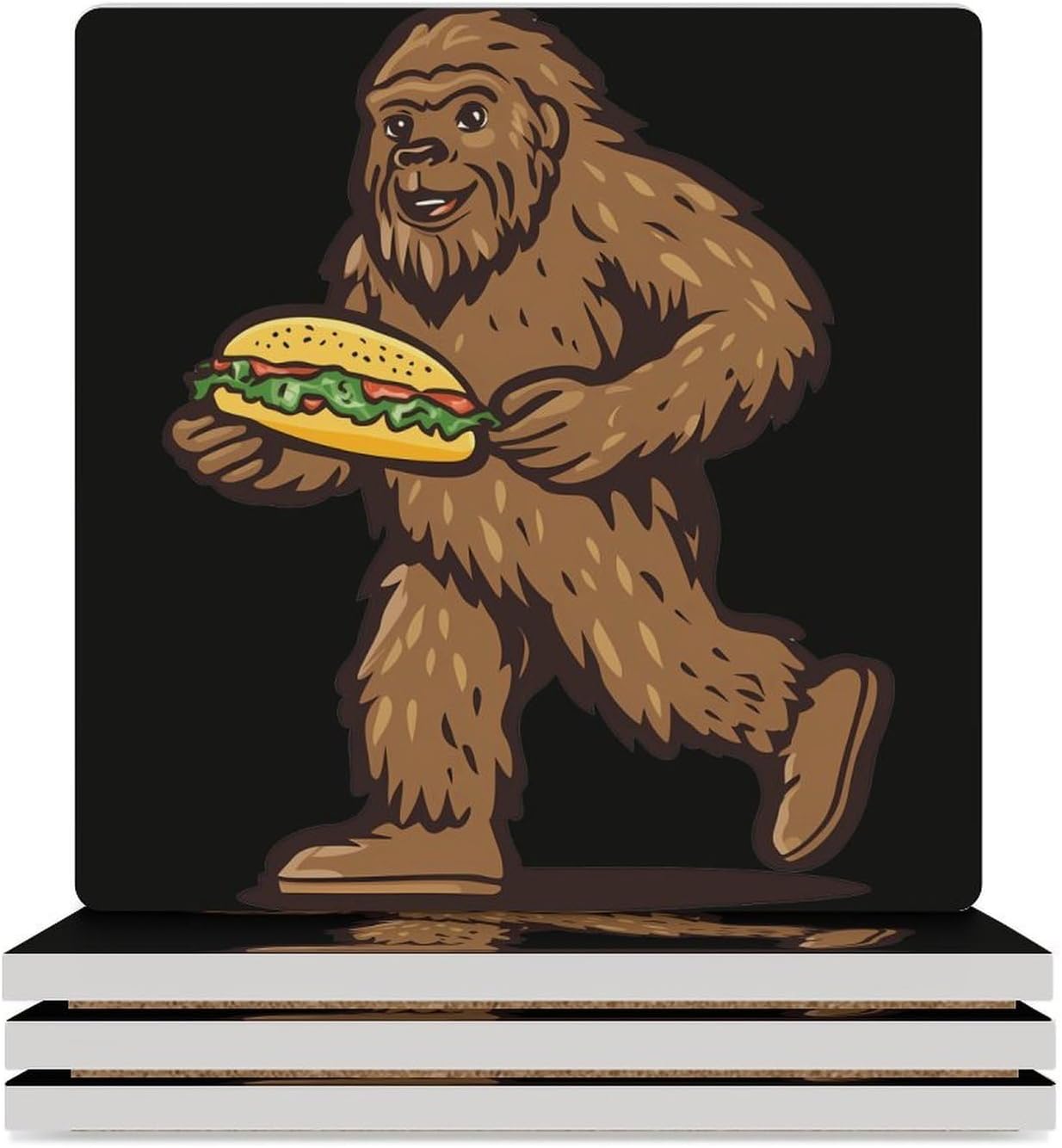 Sasquatch Bigfoot Carrying Tacoes Ceramic Coasters Set Square Drink Coasters Table Coaster for Kitchen Desktop Decor
