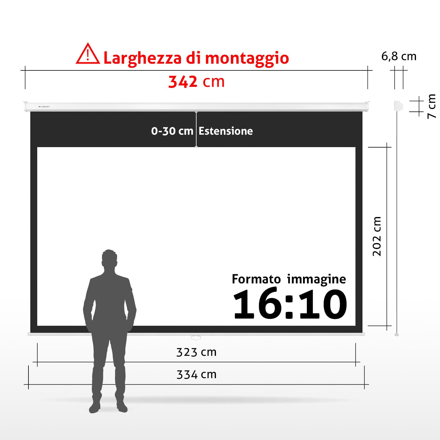 ESMART Professionale MIROLO Schermo di rollo manuale 342 cm Immagine 323 x 202 cm (150") 16:10 | Schermo per proiezione proiettore home cinema Schermo per tende a rullo LCD LED