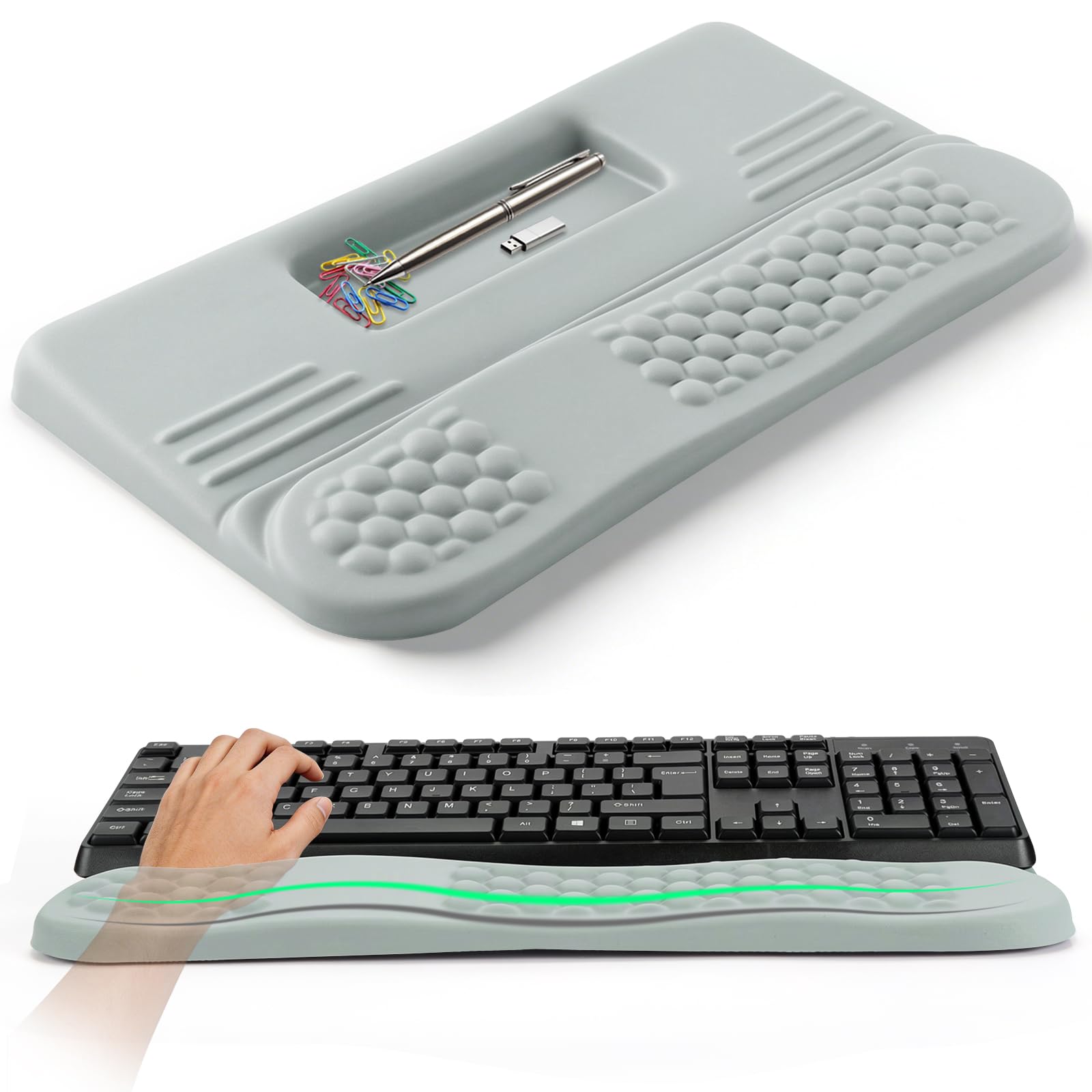 LIMOUS Reposamuñecas Ergonómico para Teclado, Soporte Elevador Ajustable | Caja de Almacenamiento, 2 Ángulos (3° y 13°), Espuma Viscoelástica En Ola, Base Antideslizante, para Oficina y Gaming, 17.3"