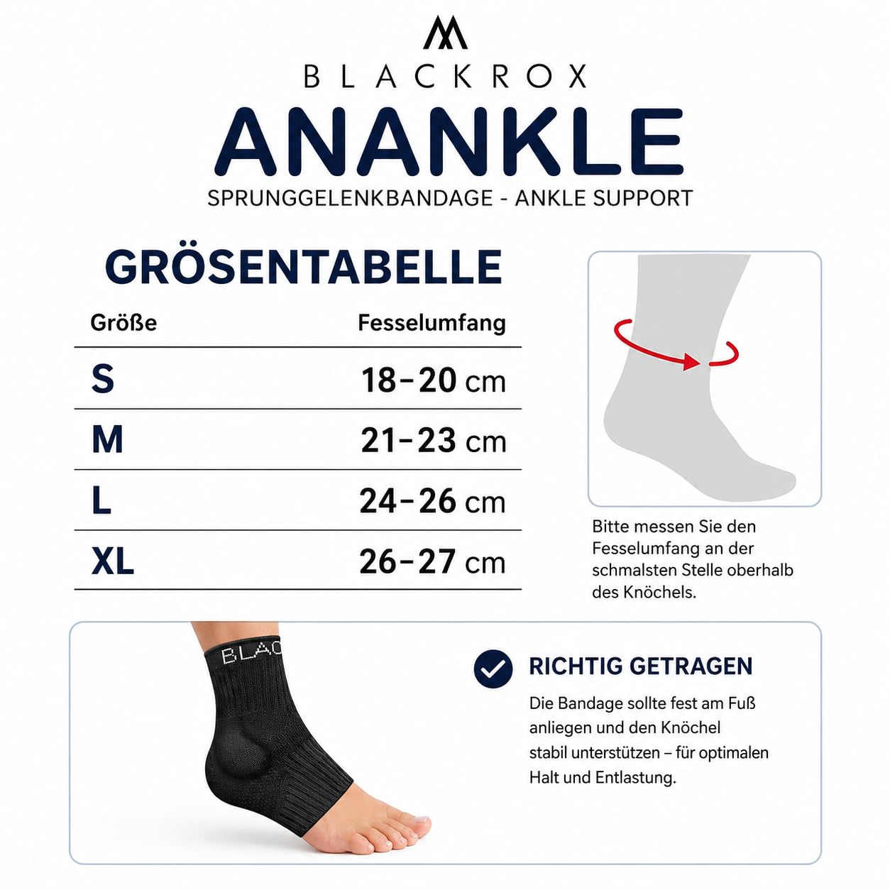 BLACKROX Sprunggelenkbandage [Vergleichssieger 2026] Gr. S-L | Für Damen & Herren | Bandage für das Fußgelenk | Perfekt für Sport, Fußball, Joggen & Bodybuilding | ANANKLE | Schwarz Gr. M