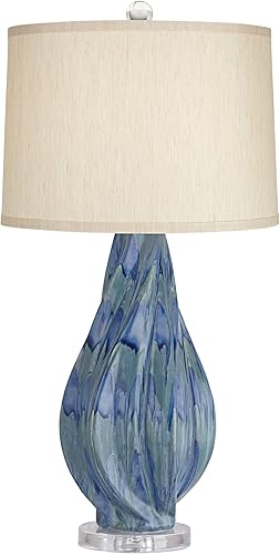 Miniatura 2 de Possini Euro Design Teresa Modern Style Table Lamp with Table Top Dimmer 31" Tall Teal Blue Ceramic Beige Fabric Drum Shade for Living Room Bedroom