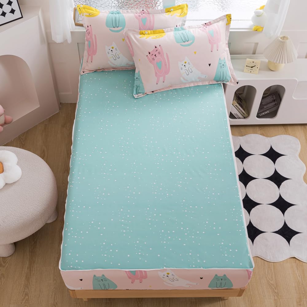 ADASMILE A & S Cat Comforter Set Twin Size for Girls Zipper Bedding Twin for Kids Kawaii Cat Bedding Sets Cartoon Cats Bed in A Bag Comforter with Blue Sheet and Pillow Shams All Season Home Decor