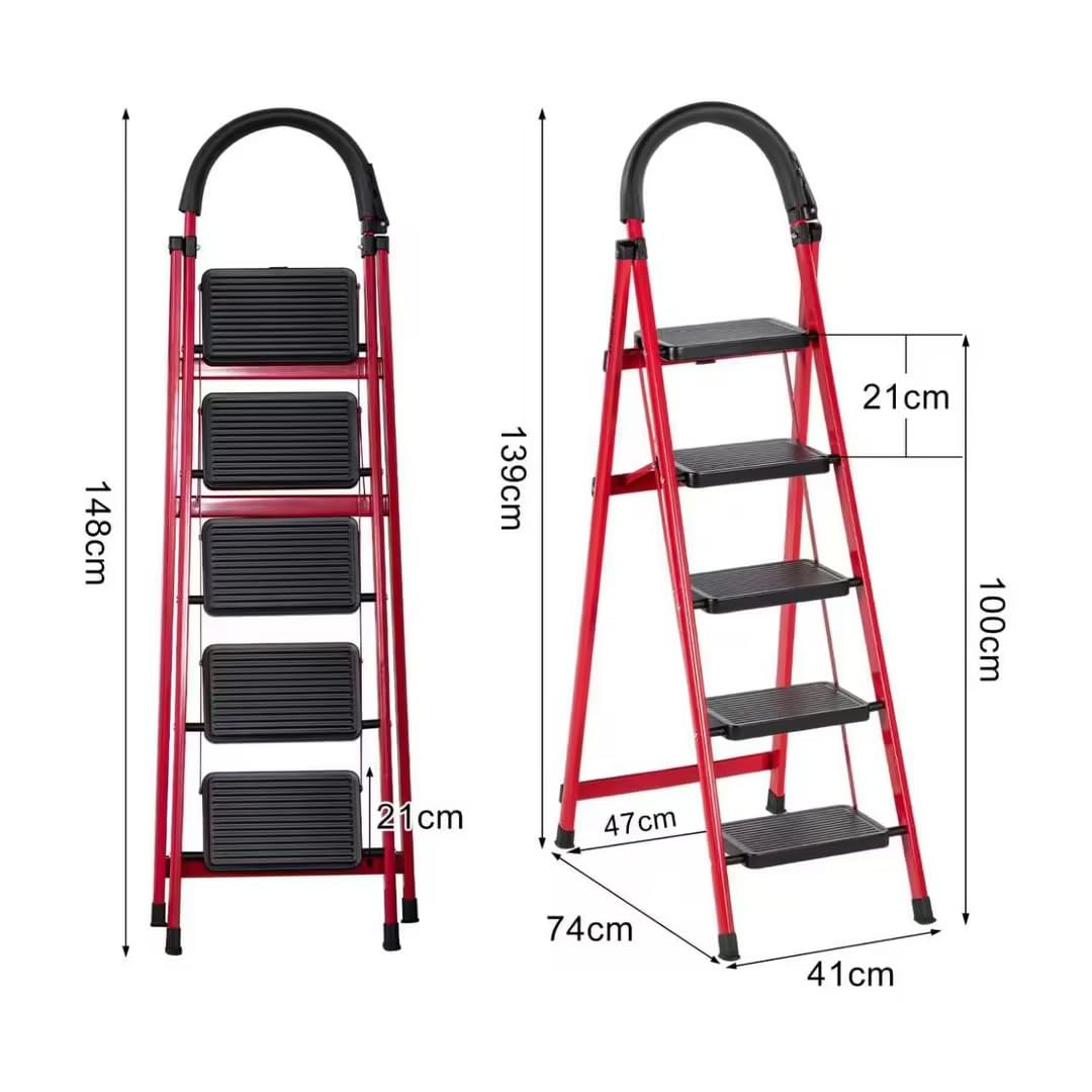 Scaletta pieghevole con corrimano, 5 gradini, antiscivolo, facile da riporre, ampi gradini, adatta per cucina, casa e soggiorno, portata fino a 150 kg (rosso, 5 livelli)