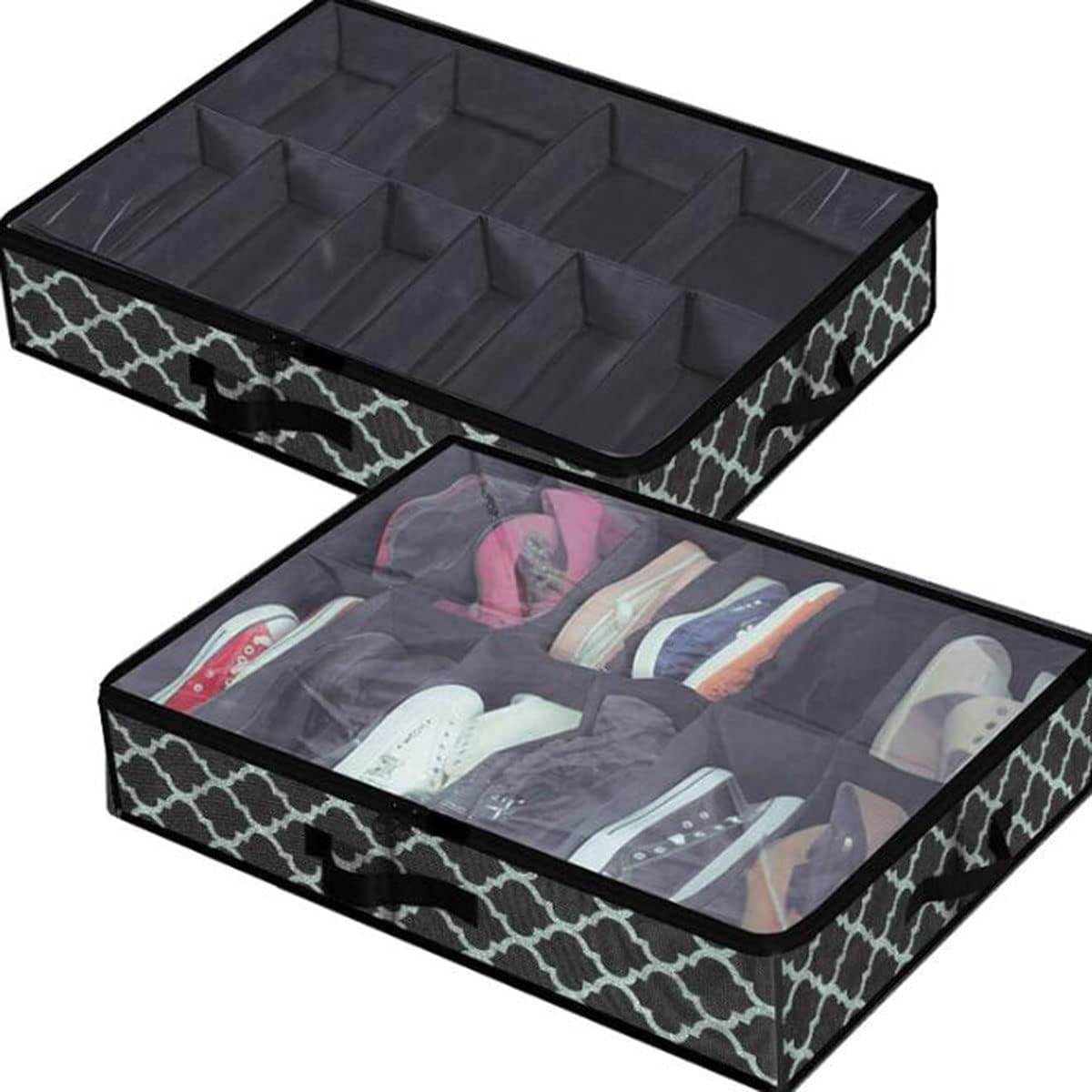 Under Bed Storage Containers, 12 Grid Classification Storage Under Bed Storage Boxes with Lids, Foldable Shoes Storage Containers Box (Fit 12 Pairs) for Sneakers, Clothes, Toys, 4PCS