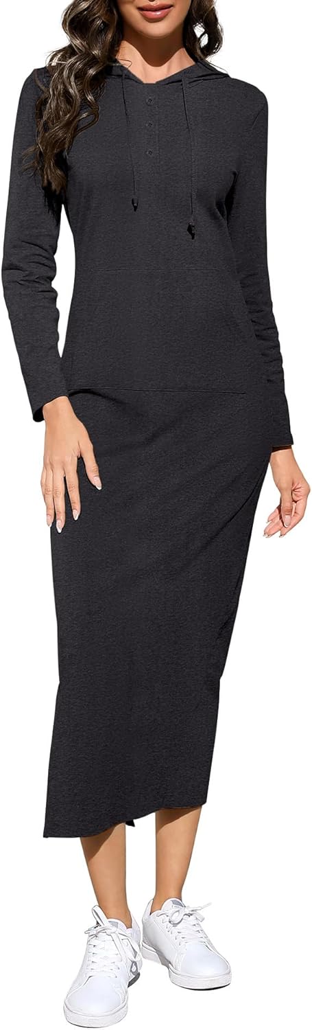 BeautyNee Women's Casual Long Sleeve Slim Pullover Maxi Hoodie Dress Button Sweatshirt Long Dresses with Pockets