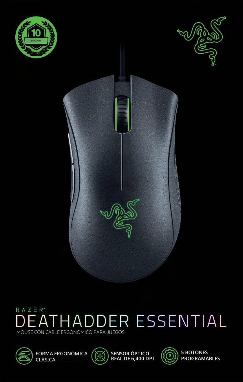 Razer DeathAdder Essential - Ratón Gaming con sensor óptico, 6400 DPI (5 botones programables, interruptores mecánicos, agarres laterales de goma), Negro