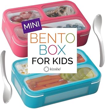 Small Snack Containers for Kids Toddlers - 3 Compartments Set of 2 - Leak-Proof Reusable Boxes with Lids -BPA-Free Plastic Mini Bento Lunch Box - Ideal for School, Daycare - Holds 2 Cups Pink+Blue
