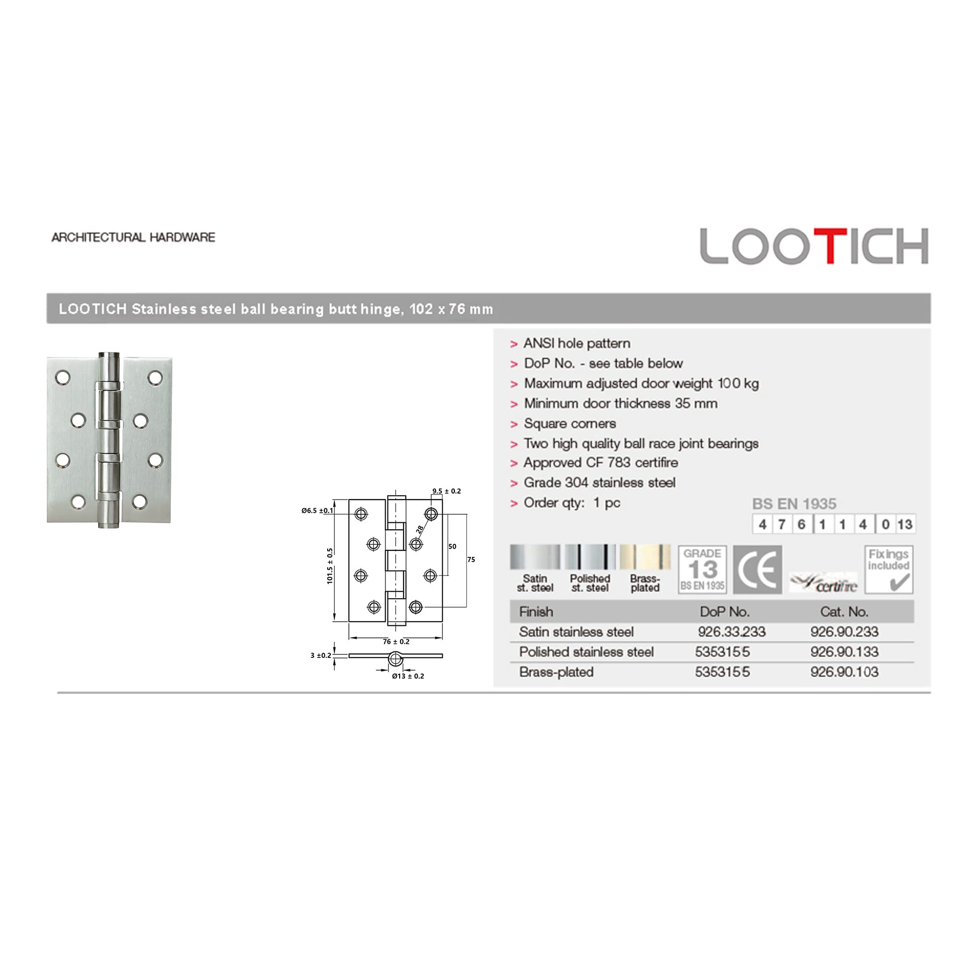 Bisagras de Puerta Acero Inoxidable Bisagra a Tope 102 x 76 mm para Atornillar con Rodamiento de Bolas Para Puertas de Interior sin Galce Hasta 80kg (4 Piezas)