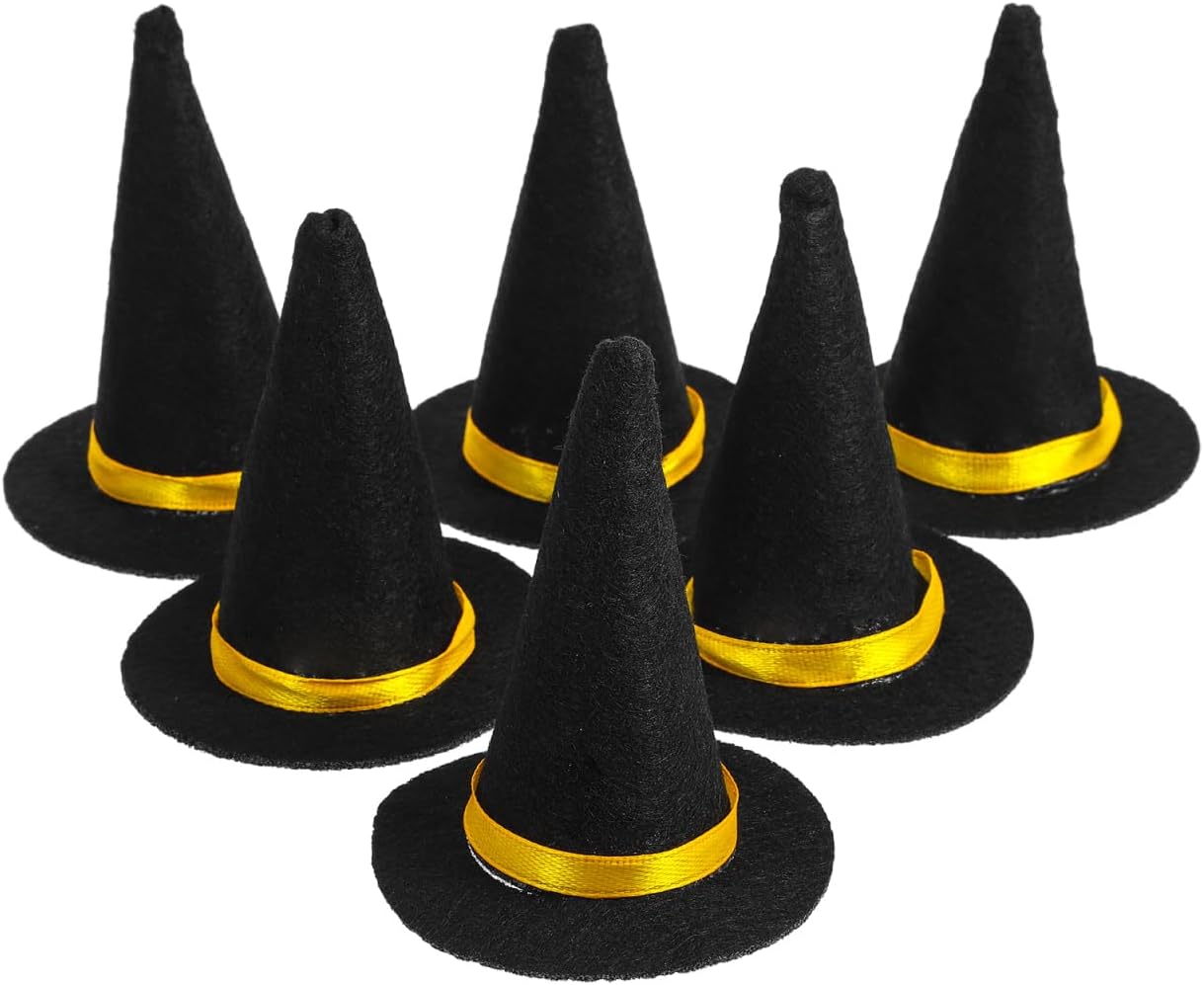 Amosfun 6Pcs Mini Felt Witch Hats 3.14 Inch Halloween Wine Bottle Decor Diy Craft Hair Accessories Party Supplies