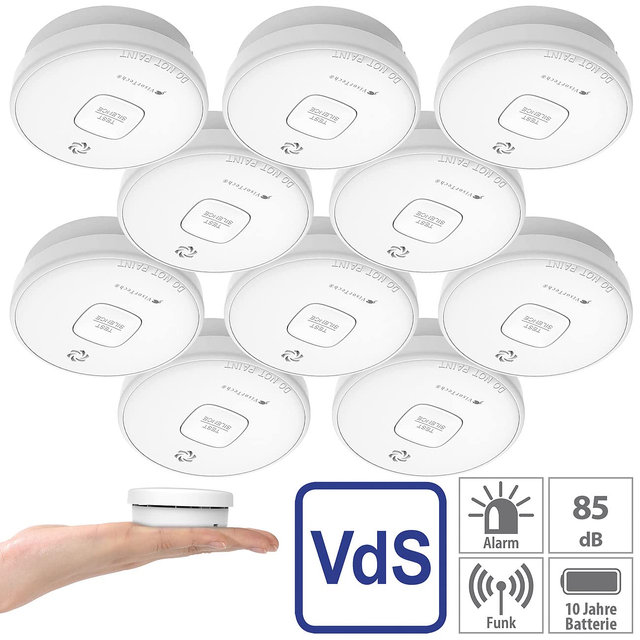 VisorTech Rauchmelder: 10er-Set fotoelektrische Rauchwarnmelder, 10-J.-Batterie, 85 dB, VDs (Rauchmelder mit Jahres Batterie, Rauchwarnmelder Jahre, Feuer)