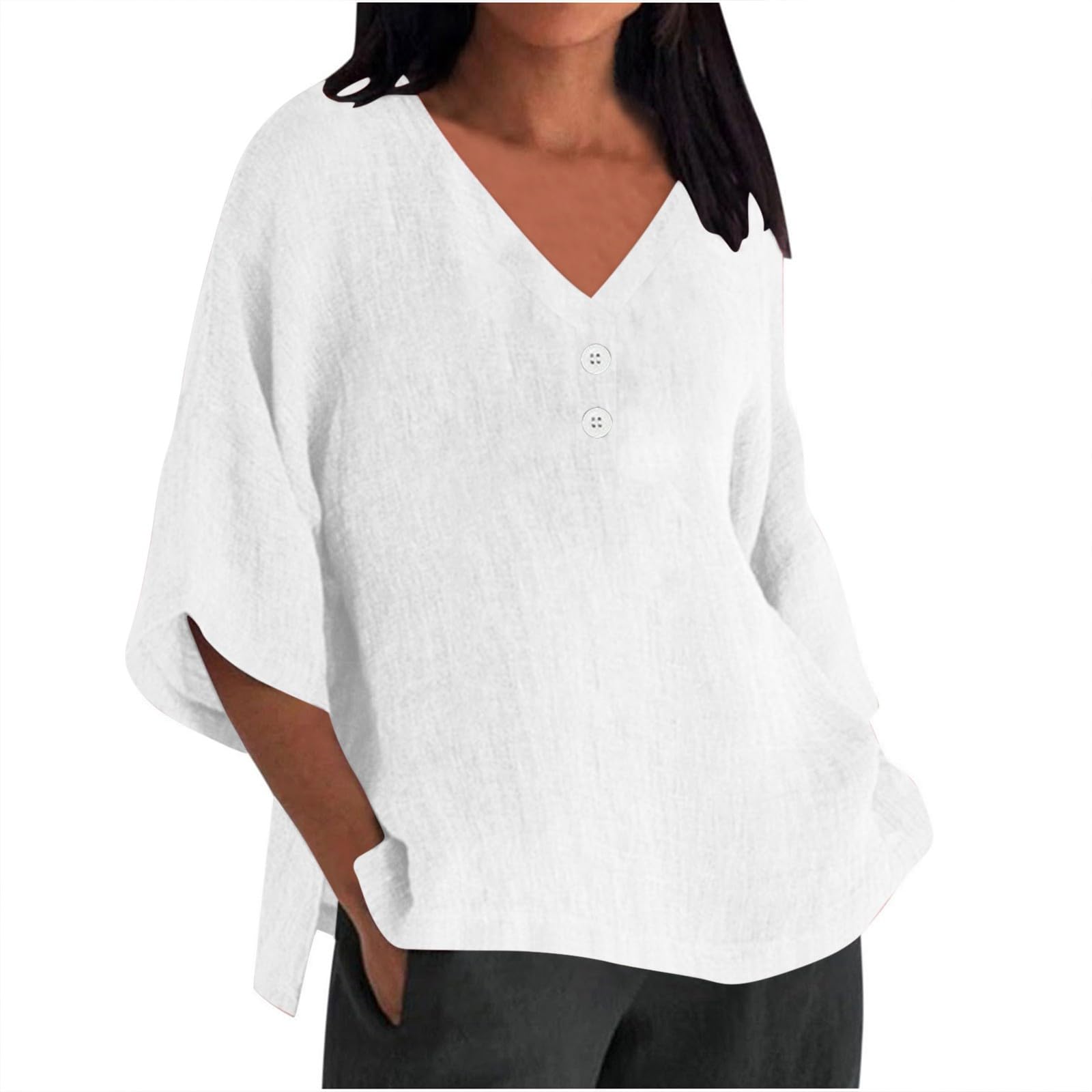 SMIDOWWomen's Plus Size 3/4 Sleeve Solid Plain Tops Cotton Linen Shirts Blouse Side Slit Cutting Hide Belly Shirts