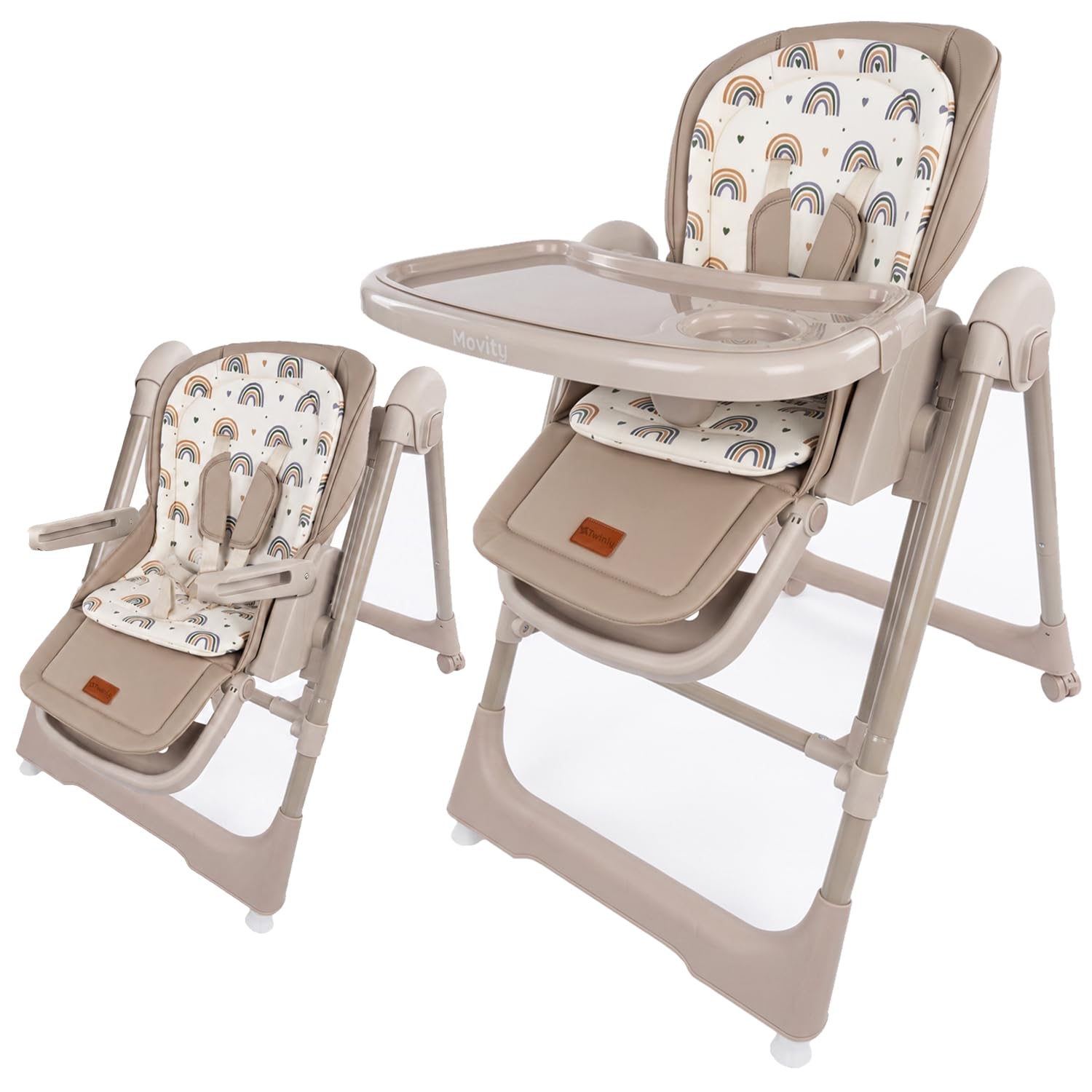 Twinly - Trona bebé Evolutiva Hamaca columpio multifunción Movity - Plegable, Reclinable y ajustable con Reductor Arnés 5 puntos y Bandeja extraíble - 0m+ a 15kg (Beige, Movity)