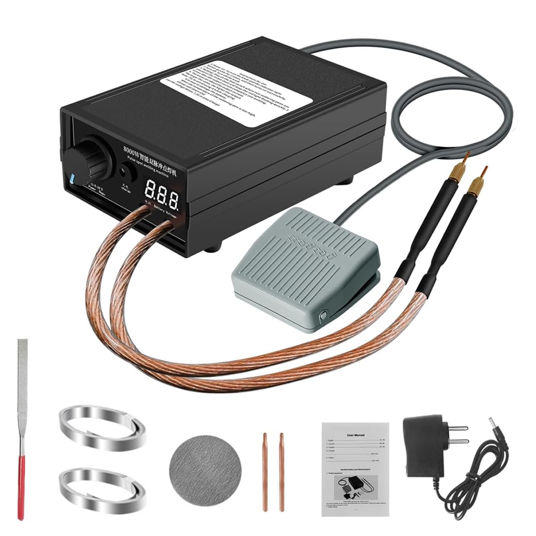 Saldatrice a Punti,Portatile 8000W Saldatrice a Punti per Batterie con Pedale, 1-9 Marce Regolabili per fai da te e produzione di batterie(0,1-0,3mm Foglio di Nichel)