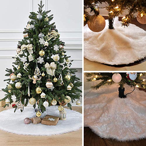 BININBOX Christmas Tree Skirt, 48 Inch Snowy White Faux Fur Xmas Plush Tree Skirt, Winter Large Christmas Tree Mat, Holiday Party Christmas Tree Decorations