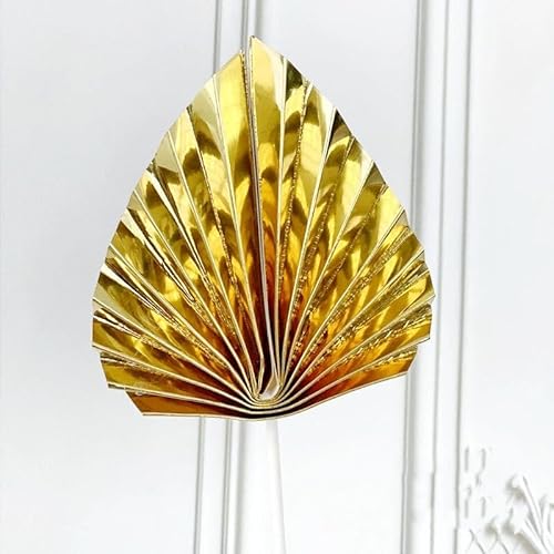 Meena Supplies Fan-Shaped Paper Palm Spear Artificial Leaves - Dried Heart Shape Cake Topper - Gold - 3 Leaves
