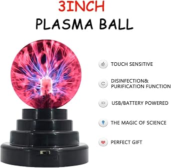 Plasma Ball Lamp, Globe Static Lamp Touch Sensitive Magic Ball, Creative Night Light Decoration for Office Desk, Bedroom, Magic Light for Boys Girls Party Birthday School - 3 inch [Energy Class F]