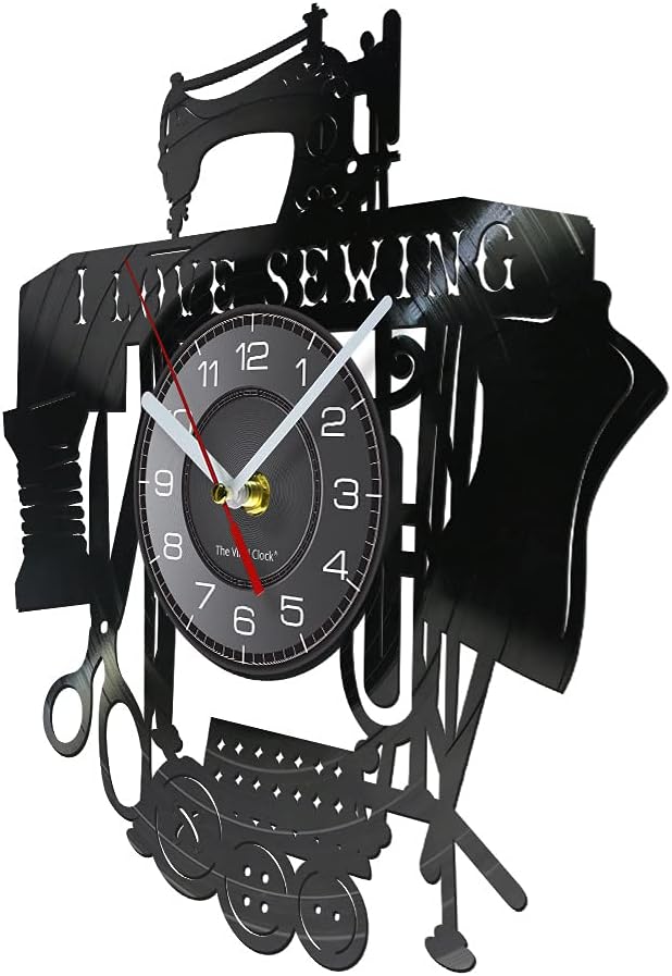 Sewing Machine Vinyl Record Wall Clock for Sewing Room Battery Operated Silent Quartz Watch Seamstress Decor Quilting Needlework Silent Clocks