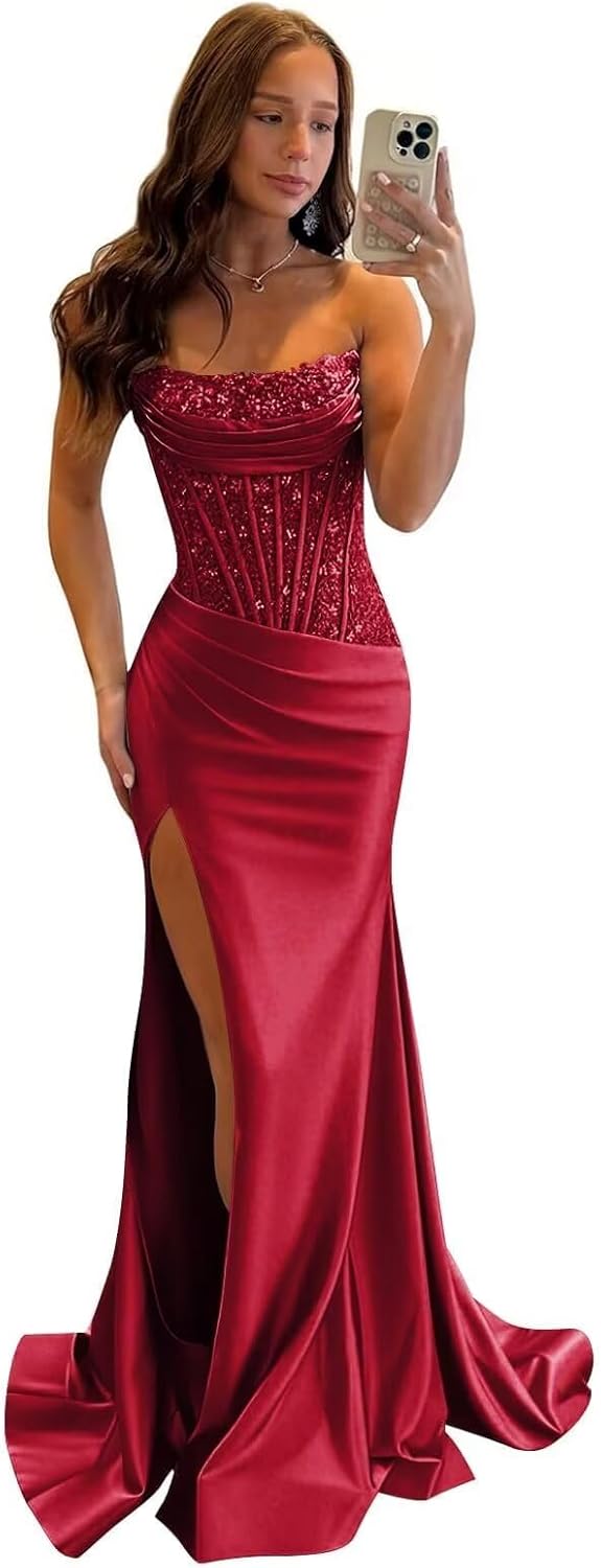 Lace Mermaid Prom Dresses 2026 Strapless Satin Formal Evening Party Gowns