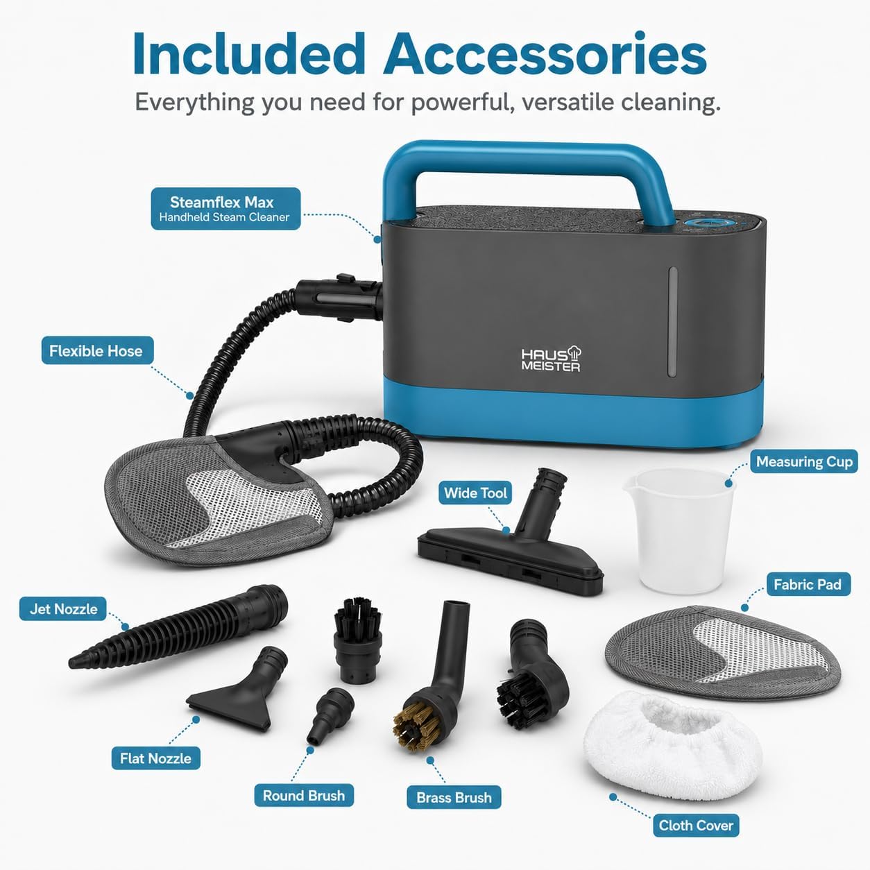 HAUS MEISTER Steamflex Max Handheld Steam Cleaner, 1200W Portable Steamer for Home, 1L Tank, Accessories for Kitchen, Bathroom, Tile, Grout, Upholstery and Windows