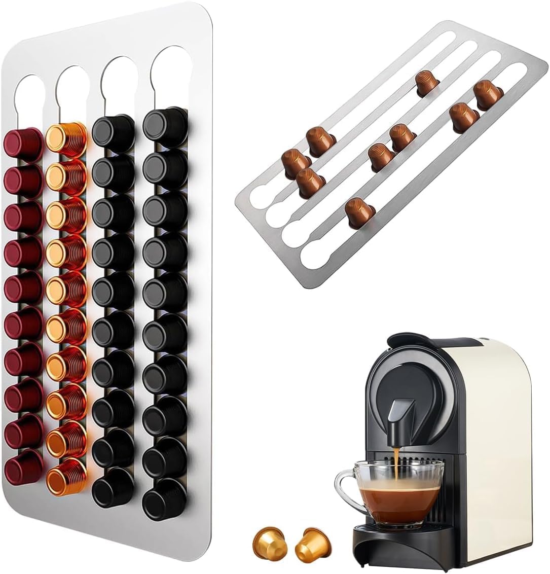 Coffee Pod Holder Compatible with Nespresso Original Capsules 40 Pods Stainless Steel Wall Mounted No Hole Punching Detachable Organizer for Kitchen Storage Perfect for Home Office