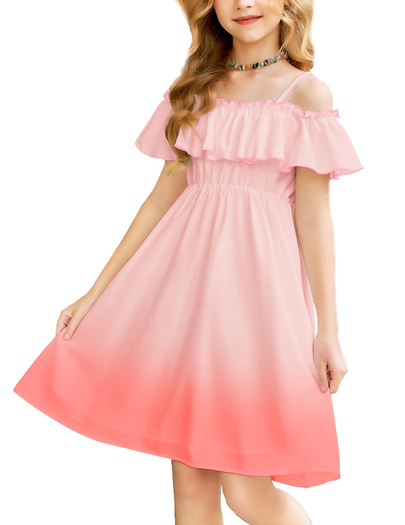 Arshiner Girls Summer Floral Ruffle Sundress Cold Shoulder Casual Holiday Dresses