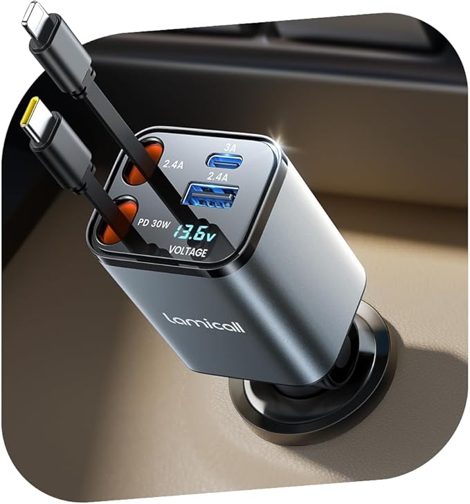 Lamicall 4 IN 1 Retractable Car Charger Adapter - [50% Smaller] [Voltage Display] 69W Cigarette Lighter USB Charger, Car Phone Charge with 2 Retractable Cable + USB-C & USB-A, 12V/24V Socket for Phone