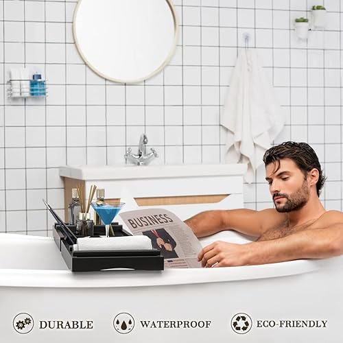Vista 4 de Bandeja de baño para tina, bandeja organizadora ajustable de bambú con jabonera, ideal para spa de lujo o lectura (negro)