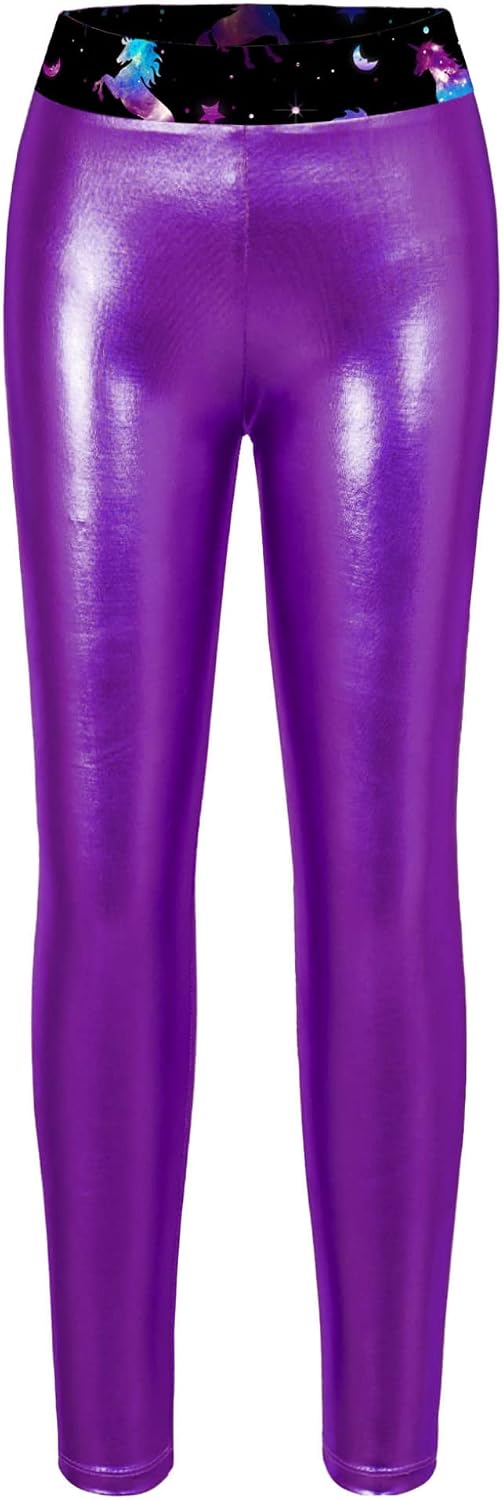 Hansber Kids Girls Shiny Metallic Dance Leggings High Waist Footless Yoga Tights Pants
